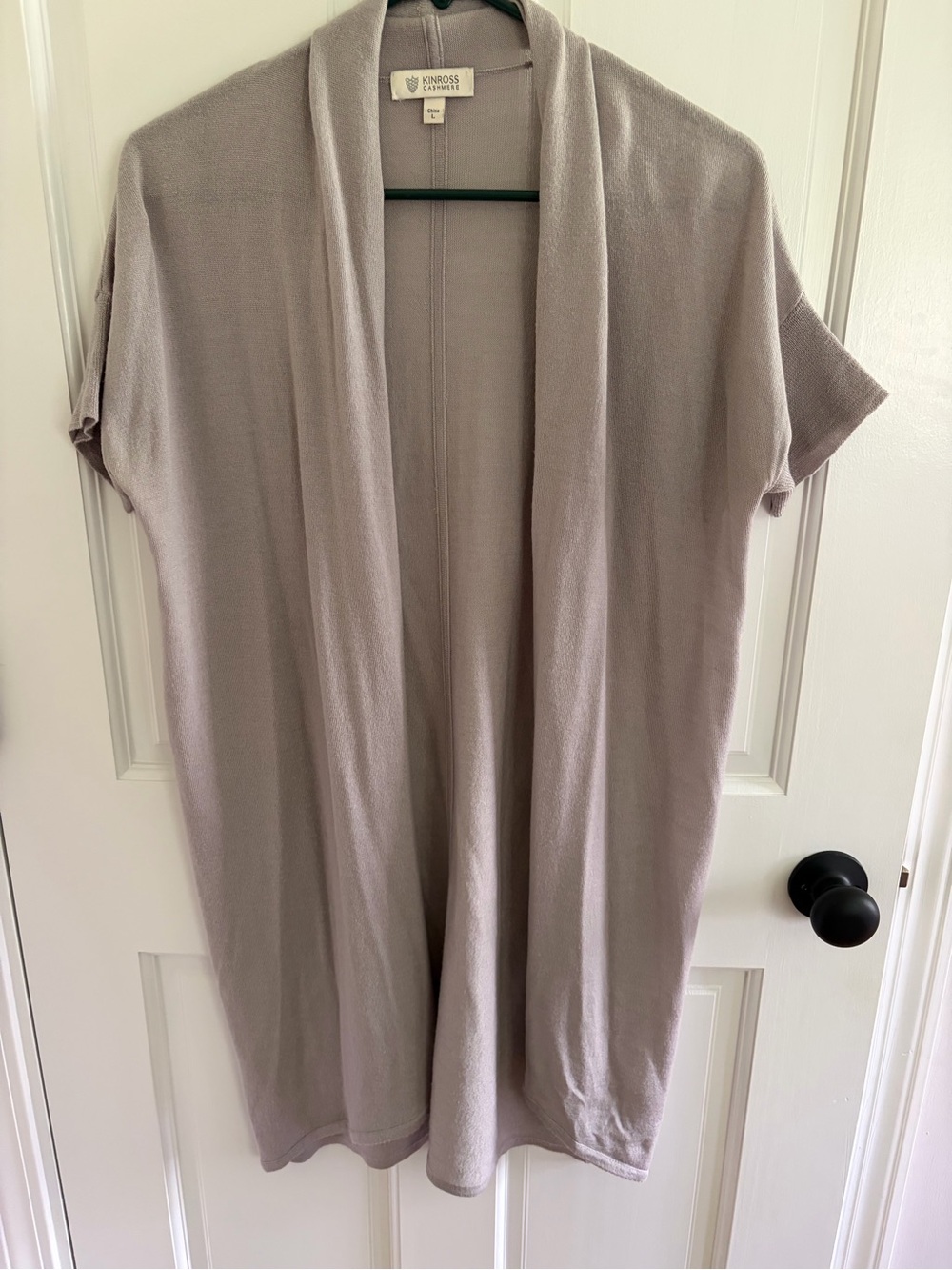 Kinross Cashmere Women's Short Sleeve Merino Silk Open Cardigan. Taupe Large